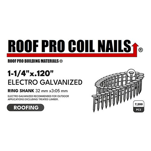 Roof Pro Coil Nails 1-1/4" x.120" Electro Galvanized Ring Shank 32mm x 3:05mm 7200 PCS